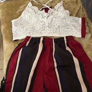 Contrast Lace Tie Back Cami Top With Striped Shorts